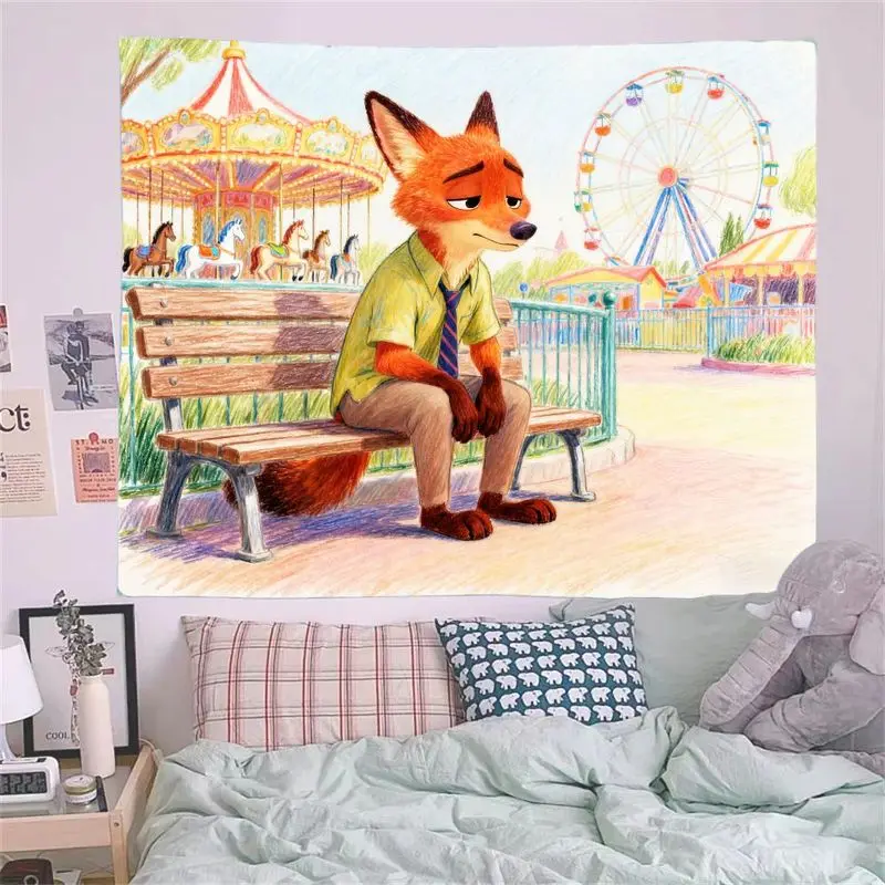 디즈니 주토피아 닉 와일드 폭스 만화 감성 태피스트리 모던 폴리에스터 벽 장식 거실 침실 기숙사 장식 선물 1개