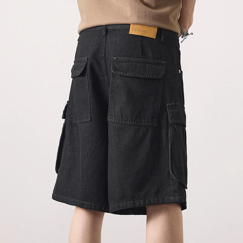 KSTUN Lyocell Celana Pendek Musim Panas Jeans untuk Pria Celana Kargo Kaki Lebar Celana Panjang Lutut Pakaian Jalanan Celana Pendek Denim Hitam Pria Pas Longgar