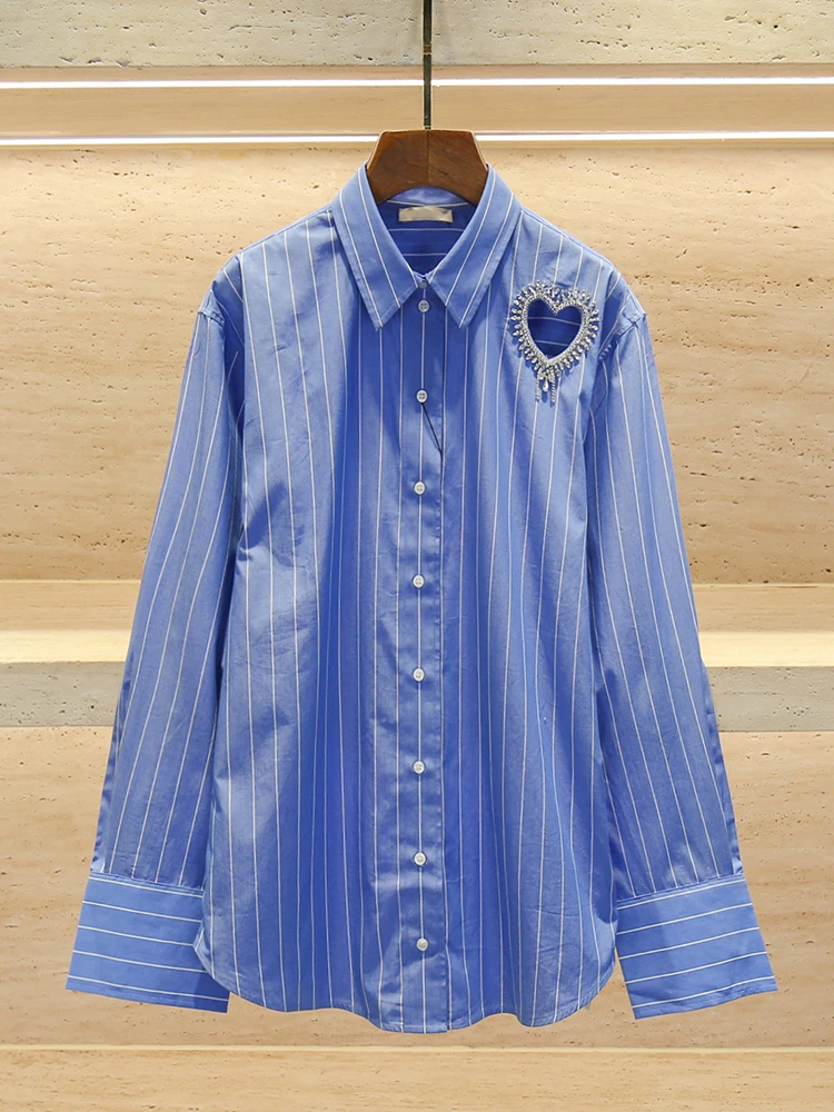 

SIVOS Blue Striped irt Women's Premium Faion Design Diamond Embedded Heart ape Busin Casual Sle Long Sve Top