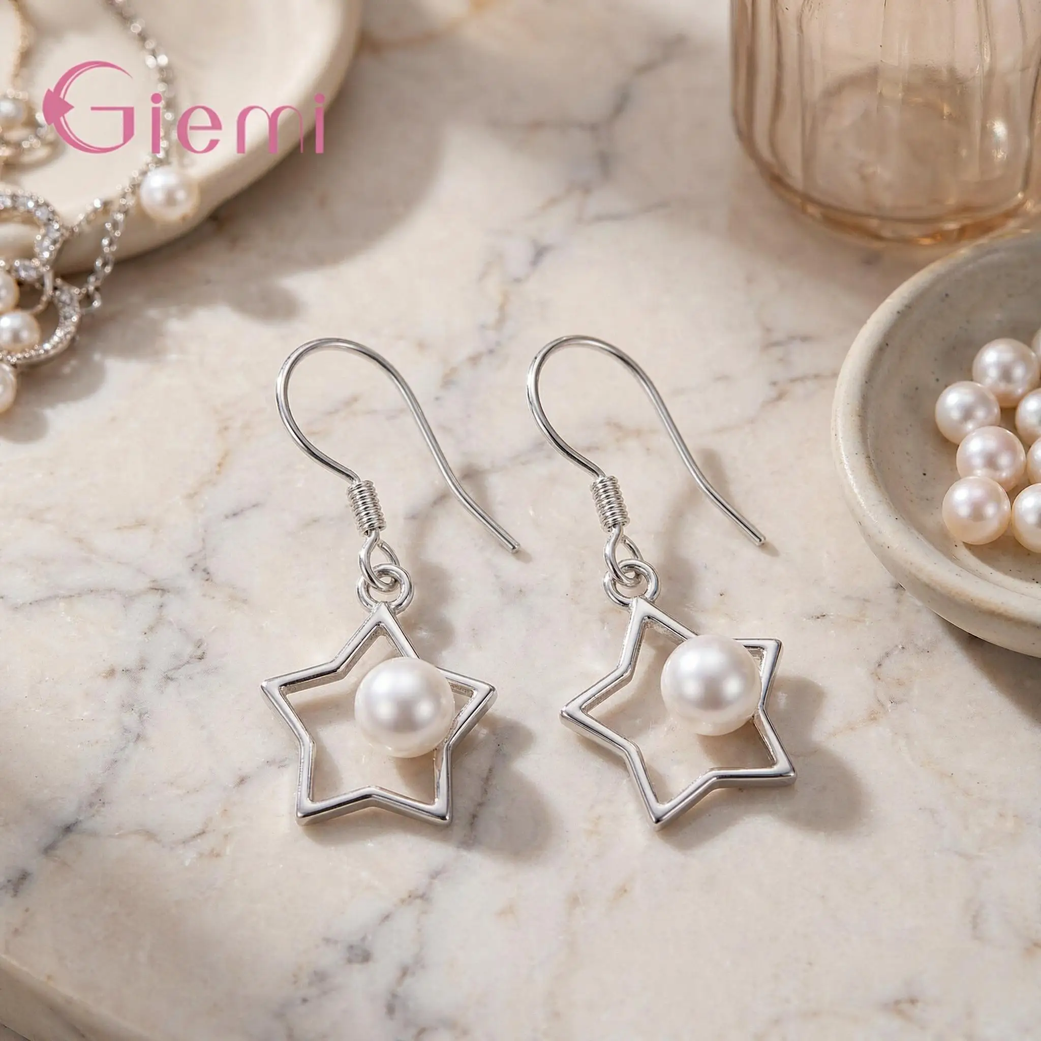 Elegant 925 Sterling Silver Star Shape Imitation Pearl Drop Earrings For Women Girls Engagement Party Fashion Jewelry Gifts