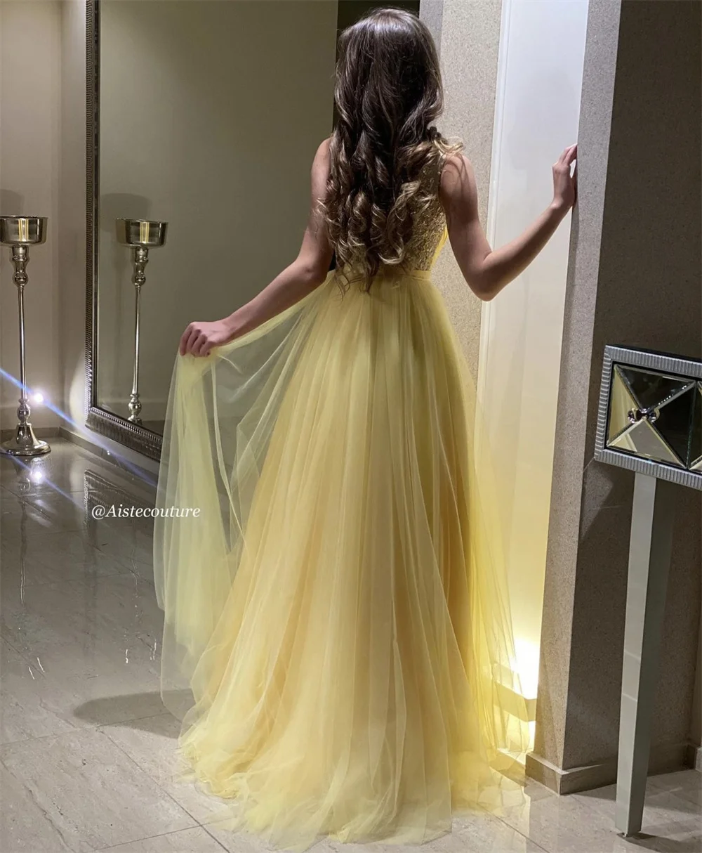 Jessica Yellow V-neck Prom Dress Tulle Sequins Evening Dresses Prom Dresses Elegant Lady Dinner Party Dresses 2024Wedding Dress