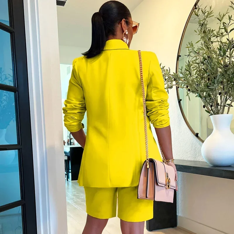 Solid Casual Two Piece Set for Women Matching Sets Outfits Long Sleeve Blazer Coat and Shorts Office Lady Elegant Business Suits