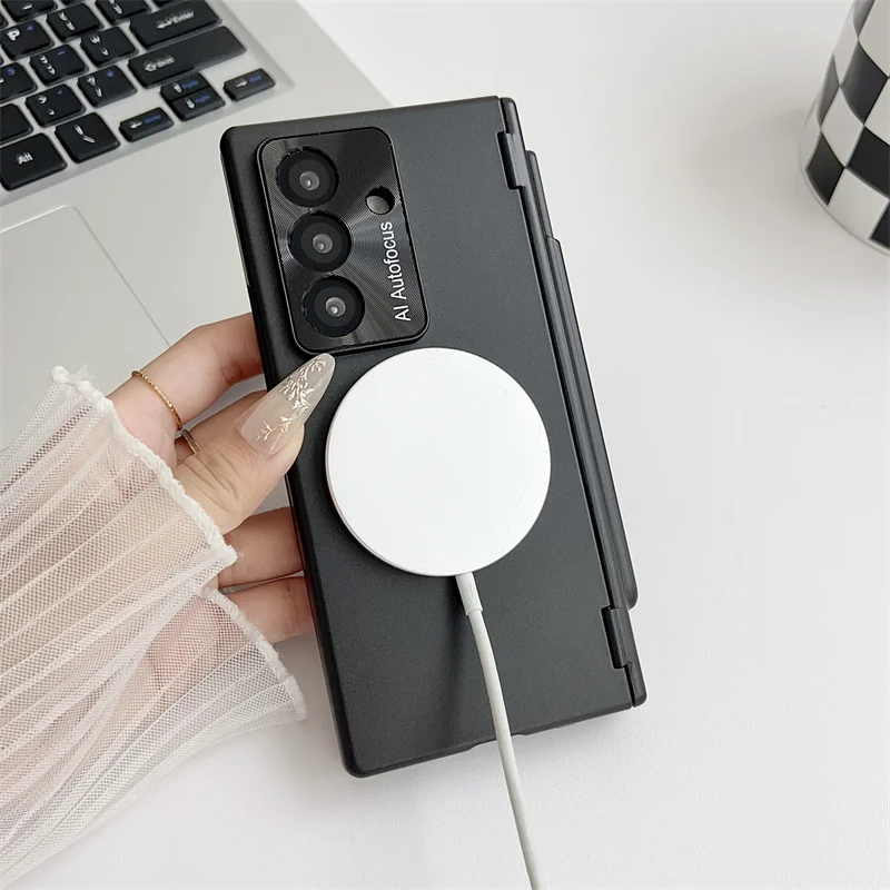 Magnetic With Touch Pen Two Hinge Phone Case For Samsung Galaxy Z Fold 8 Ultra 7 6 5G For Magsafe Screen Protect Film Cover