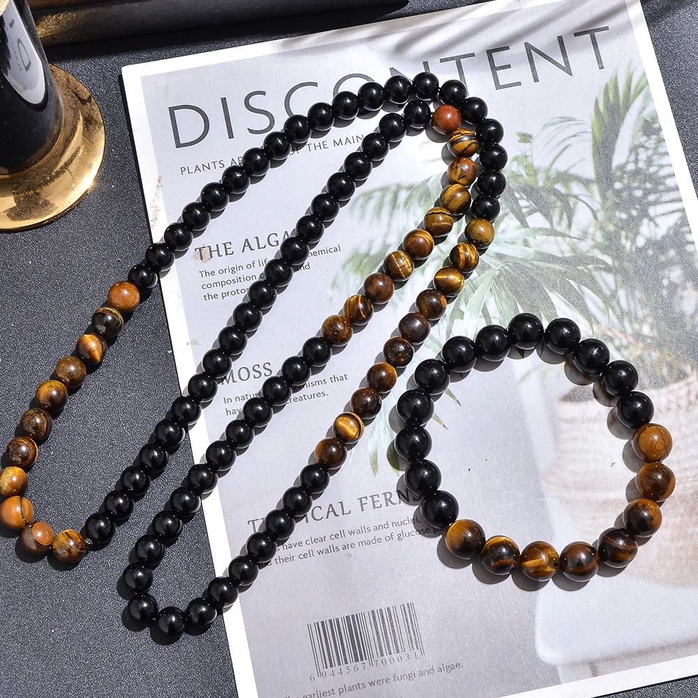 8mm Gelbe Tigerauge Schwarzer Onyx Perlenkette Herren und Damen Choker Lange Halskette Schmuckset – Detail 5