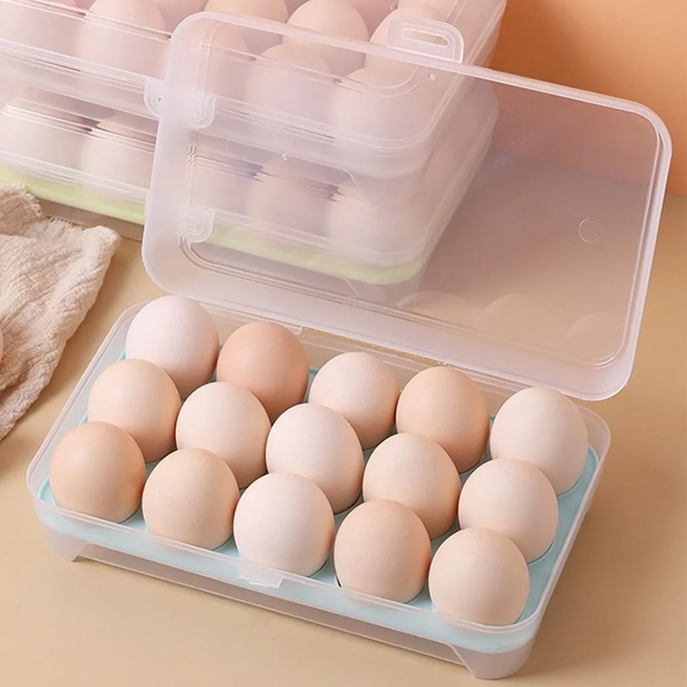 New 15 Grid Egg Storage Box with Lid Large Capacity Egg Organiser Tray Plastic Space Saving Egg Dispenser Refrigerator