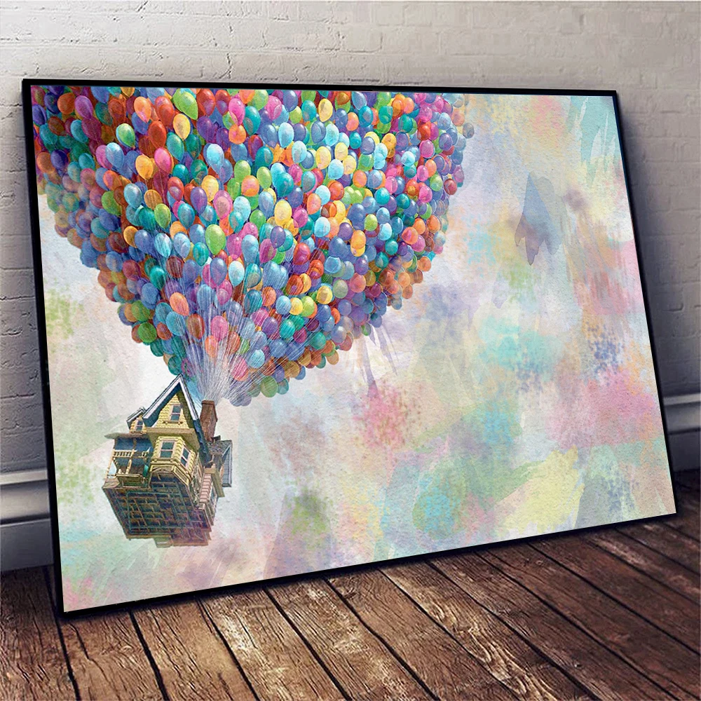 Watercolor Balloon with House Blue Sky Cartoon Movie Poster Prints Canvas Painting Art Children Nursery Home Decor
