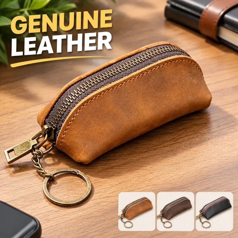 Genuine Leather Coin Purse Kit Crazy Horse Key Holder Multi-function Zipper Pouch Top Grain Cowhide Unisex Storage Stationery