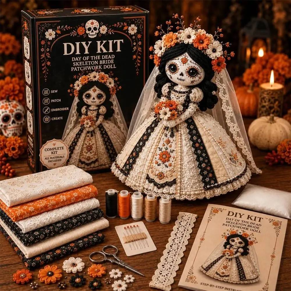 Kit de fabrication de poupée en tissu sur le thème d'Halloween, kit de poupée en patchwork en tissu prédécoupé, rembourrage inclus, guide étape par étape
