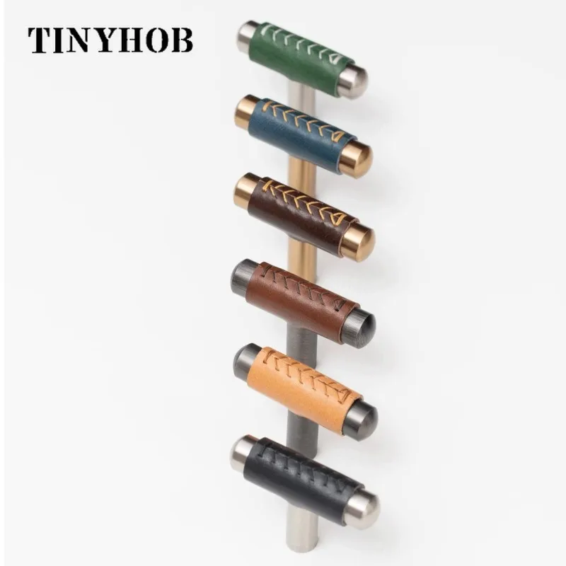 Hand Stitched Leather Wrapped T Bar Cabinet Pulls,Multi-color Leather Handle  Drawer Pull Knob for Wardrobe Cupboard Dresser