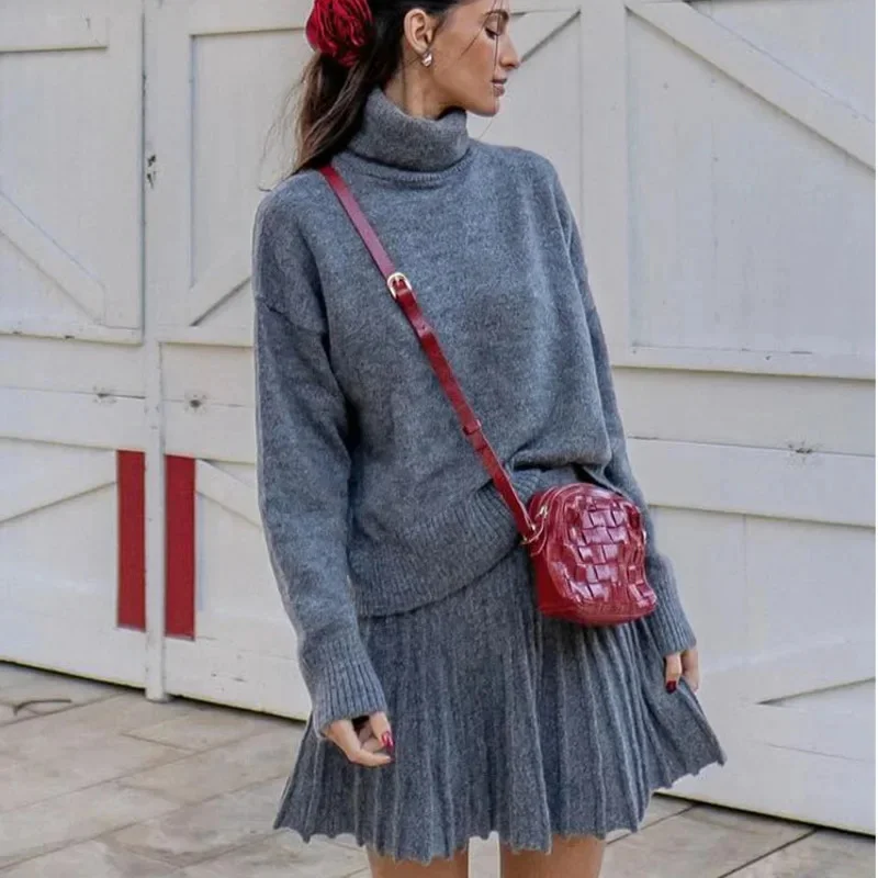 Casual Turtleneck Solid Knit Pullover Set Women Fashion Long Sleeve Sweater Pleated Mini Skirts Suits 2024 Autumn Female Outfits