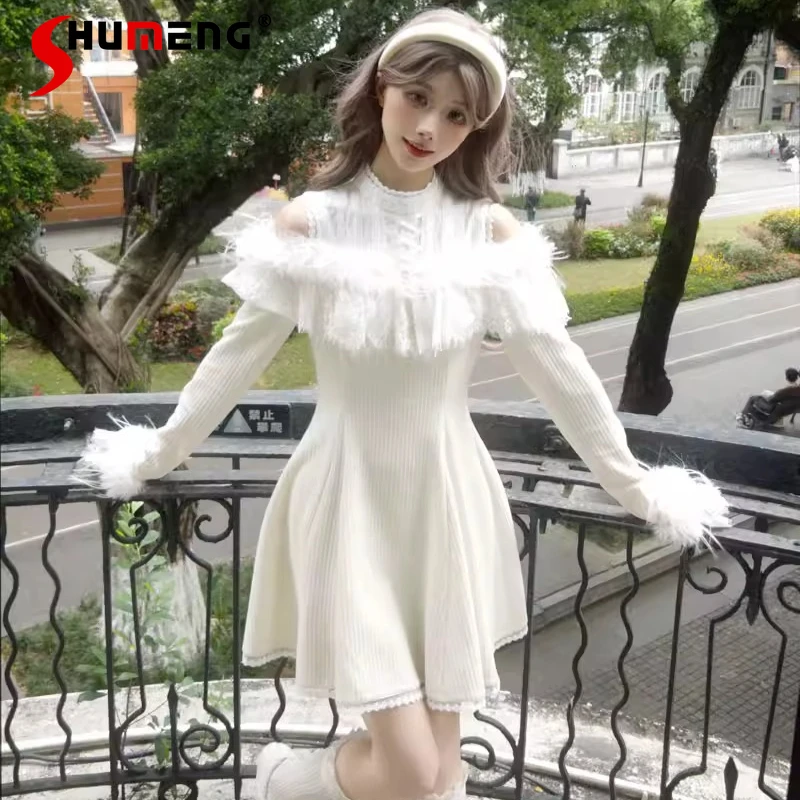 

Japanese Original Design Clear Sweet Off-Shoulder Two-Way Long Sleeves Knitted Dress Y2k Clothes O-neck Slimming Dresses Ladies