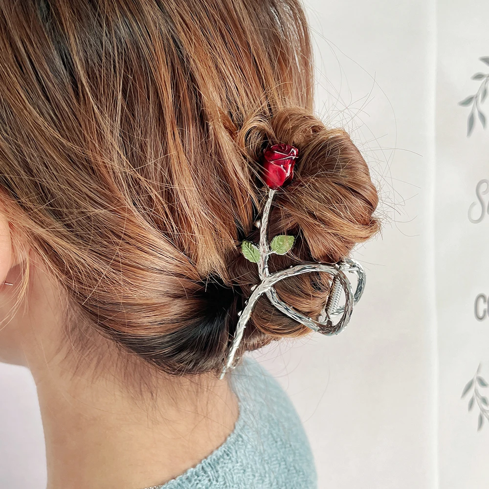 Disney-accesorios de la bella y la bestia para el cabello, pinzas de flores rosas para novia, joyería de regalo, pinza para el pelo, garra de Metal grande