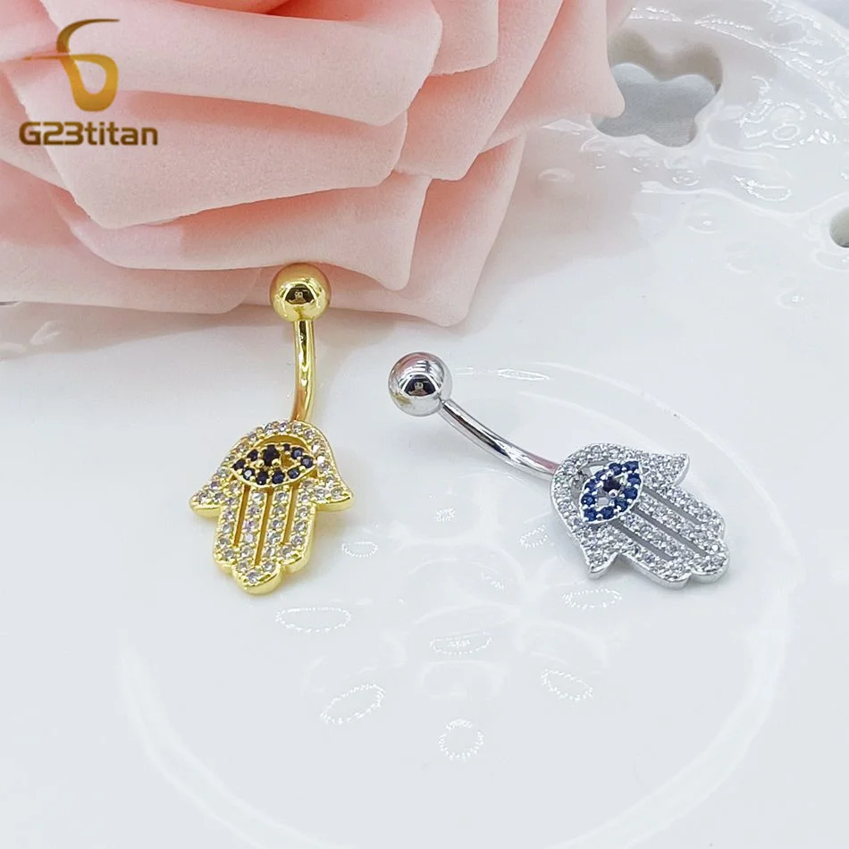 Bohemia Turkish Hamsa Hand With Blue Eye Zircon Navel Ring 1.6mm 14G Titanium Barbell Belly Button Piercing Lucky Ethnic Jewelry