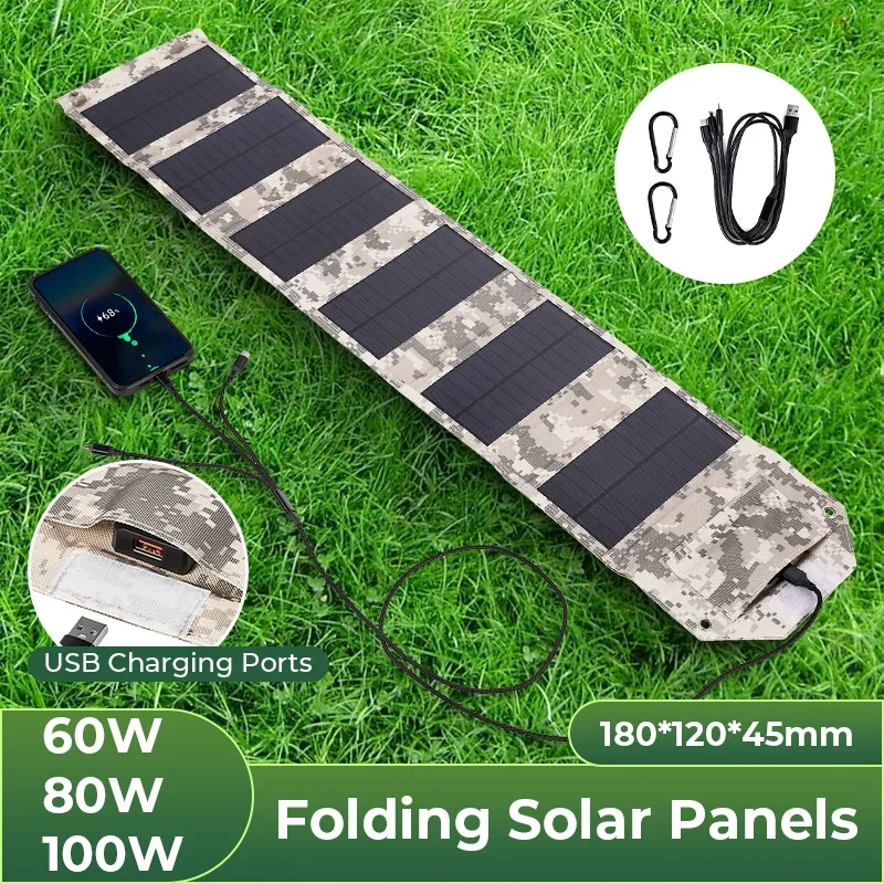 60W/80W/100W Folding Solar Panel Portable Battery Charger for Cell Phone Outdoor Waterproof Power Bank for Camping Accessories