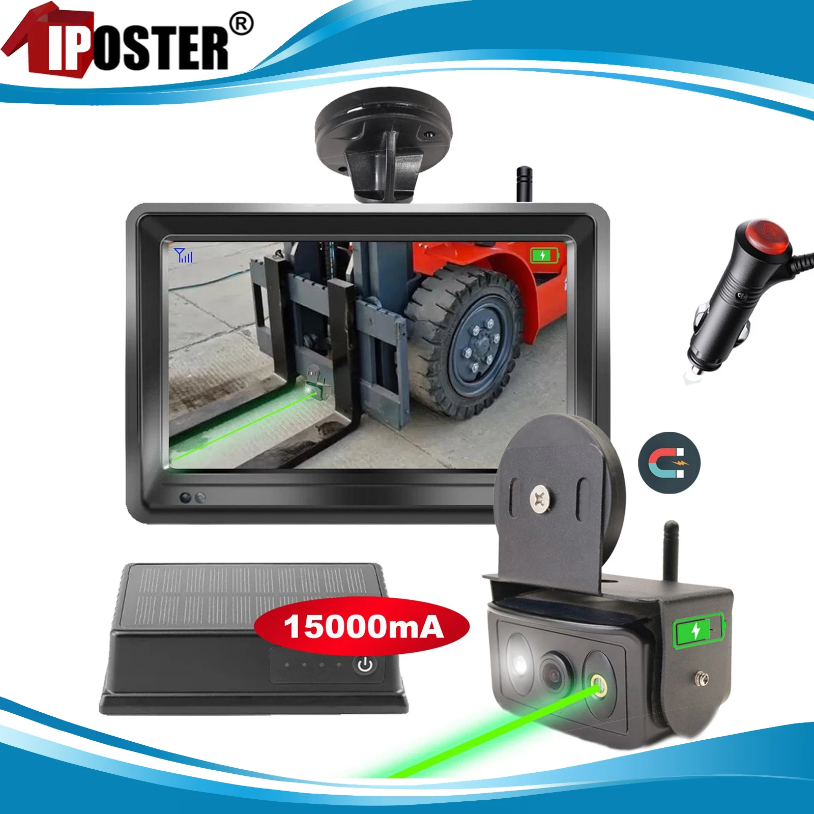 

iPoster Wireless Laser Light Forklift Magnet 5000mah Camera +5" DVR Monitor 15000mah Battery For Forklift Trailer RV Caravan