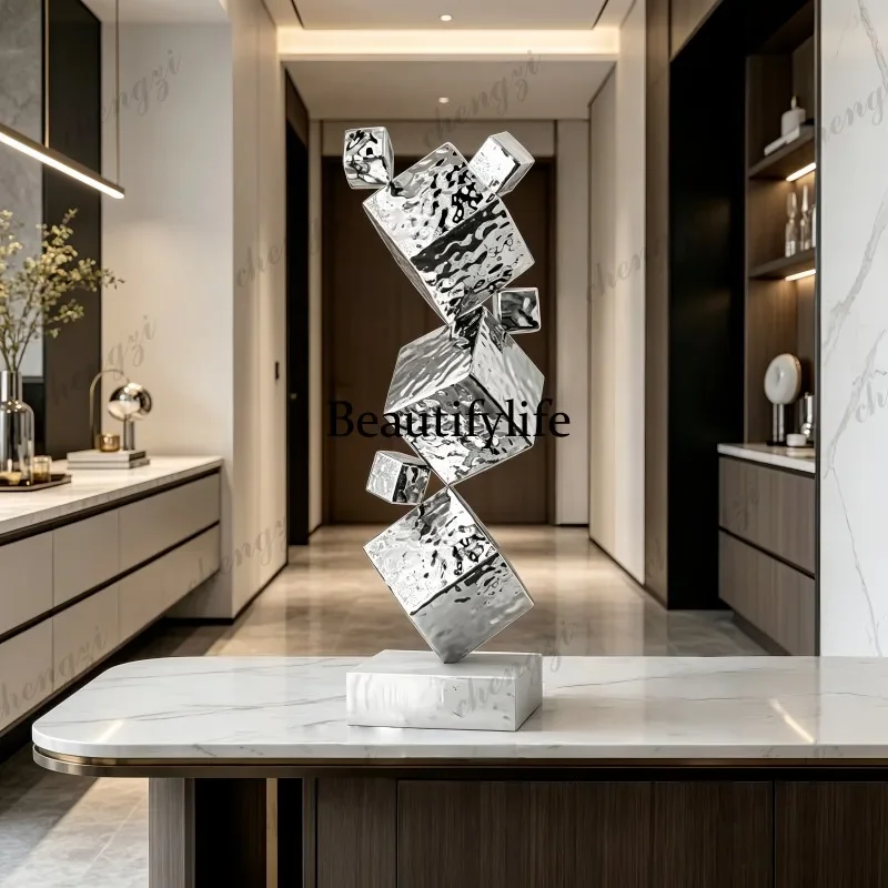 M138 TTT Stainless Steel Water Ripple Cube Geometry Mirror Creative Model Decor for Hotel Office Porch Home Shop