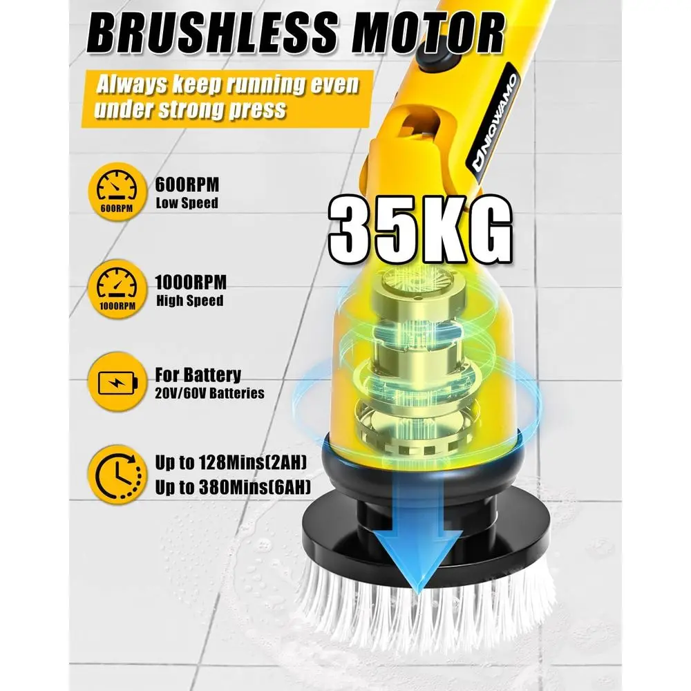 20V Battery-Powered Scrubber, 1000 RPM, Adjustable Extension Arm, 8 Brushes, Suitable for Tub/Tile/Floor