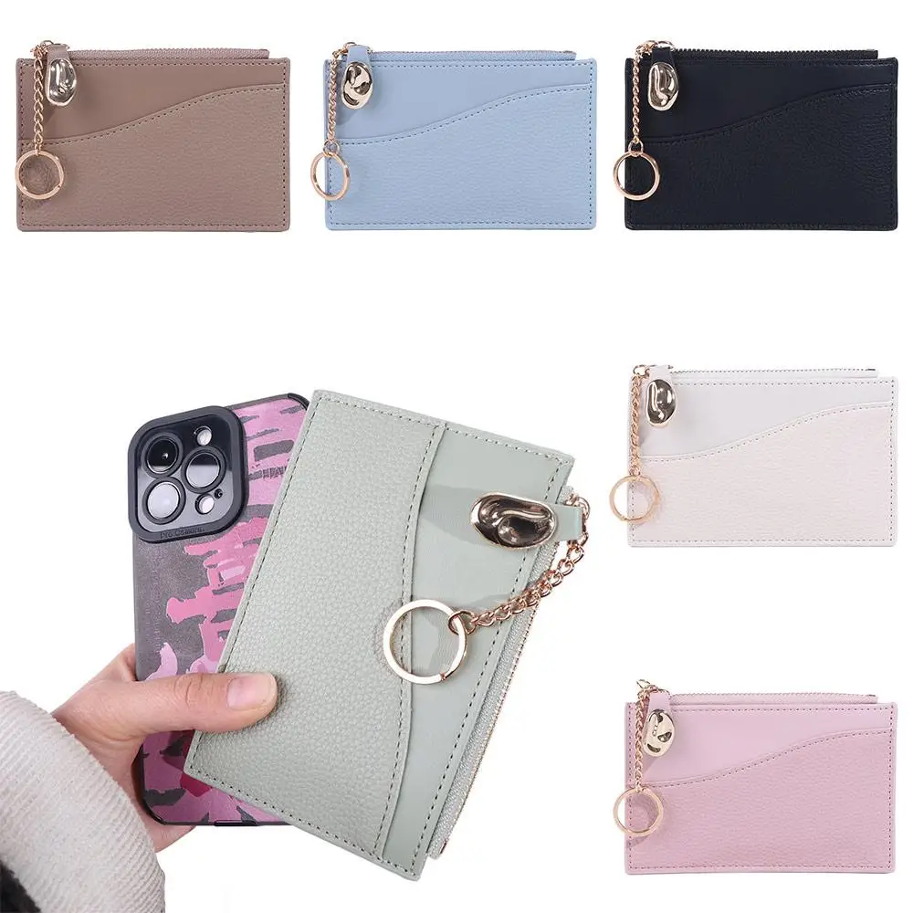 

Simple Korean Style Thin Card Bag with Key Chain Solid Color Mini Wallet PU Card Holder Zipper Coin Purse Men