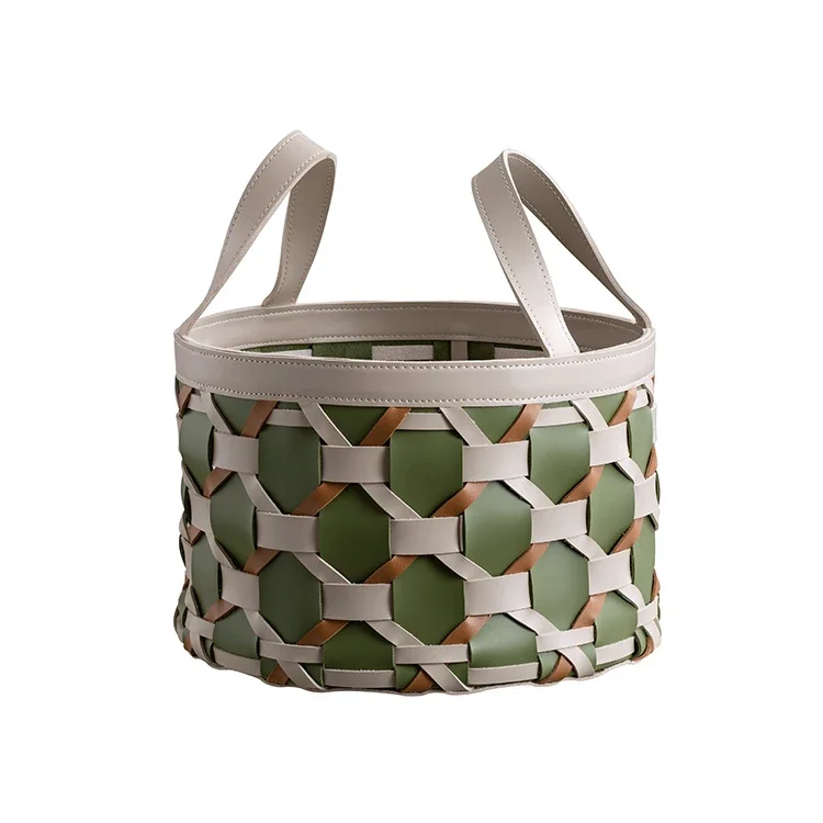 For Factory  Leather Gifts Hamper Basket Christmas Gift Basket for Flower Magazine Multi-Function Woven Leather Hand Basket