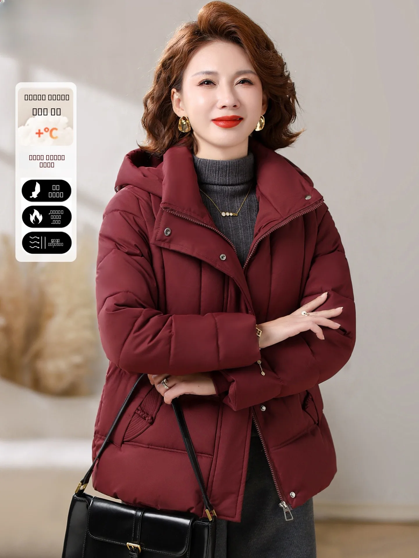 

Ele Red down Cotton Jaet for Women Autumn Winter Warmth Polyester Fiber Loose Fit Zipper Closure Senior Ladies Coat