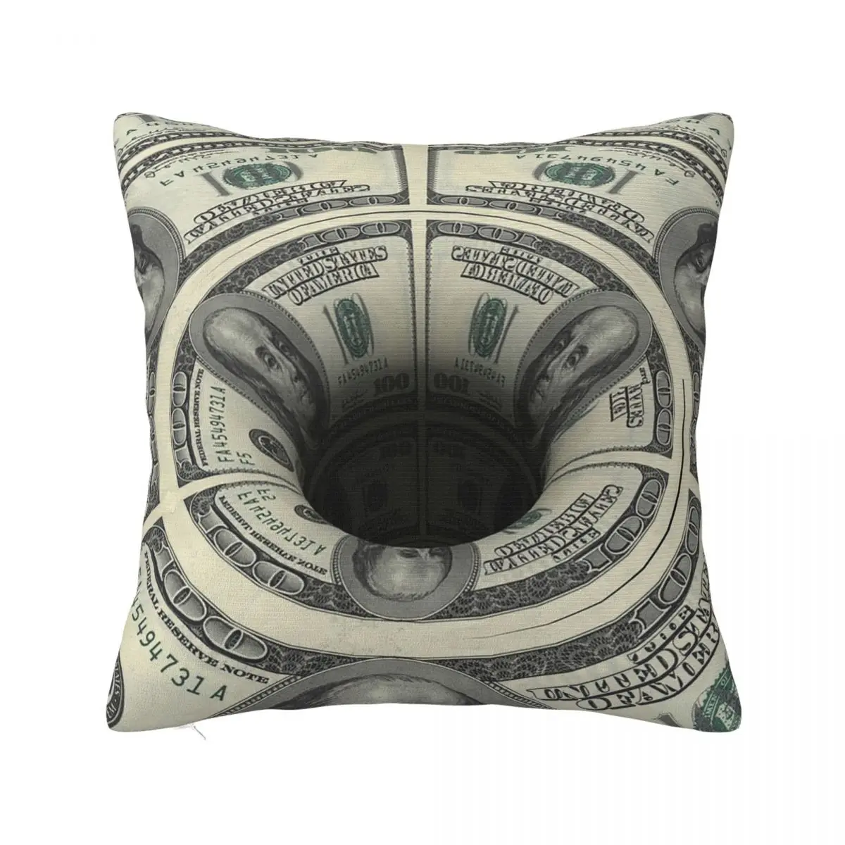 Optical Illusion Hole Green Fiat Dollar Wall Street 100 Bill Money Square Pillowcase Pillow Cover Cushion Zip Throw Pillow