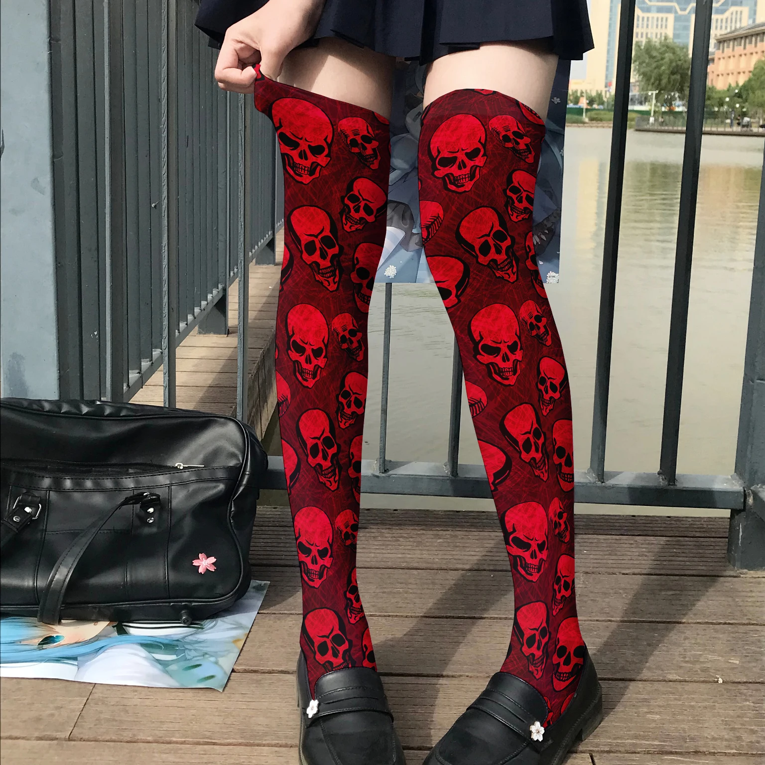 Hot sale funny skull print thigh stockings ladies fashion sexy red sweet stockings Halloween cosplay over the knee socks high qu