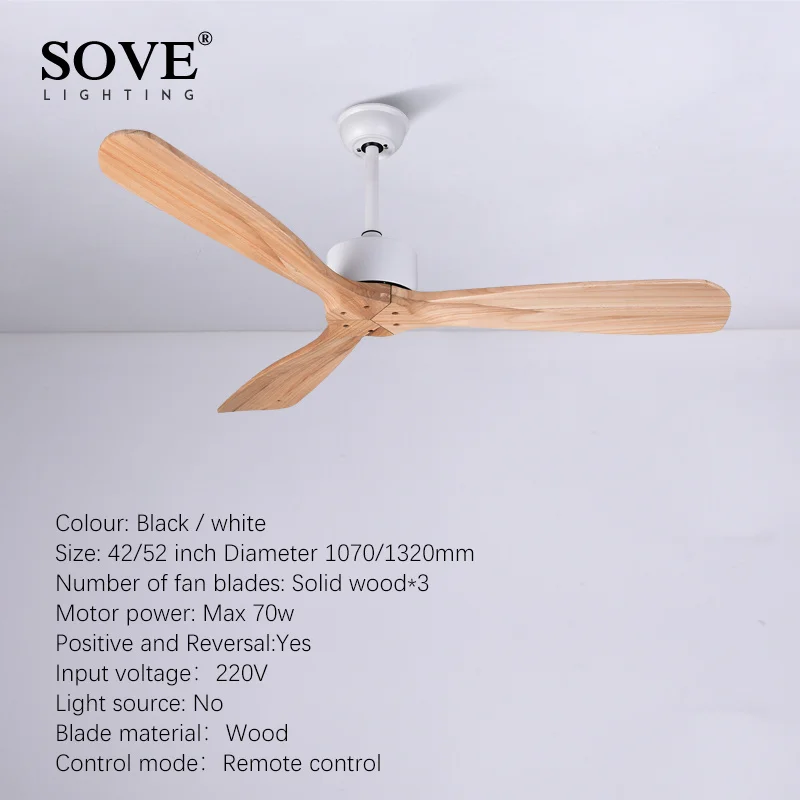 SOVE 52 Inch Simple Vintage Ceiling Fan Without Light Wooden Ceiling Fans With Remote Control Home Fining Room Loft Fan 220V