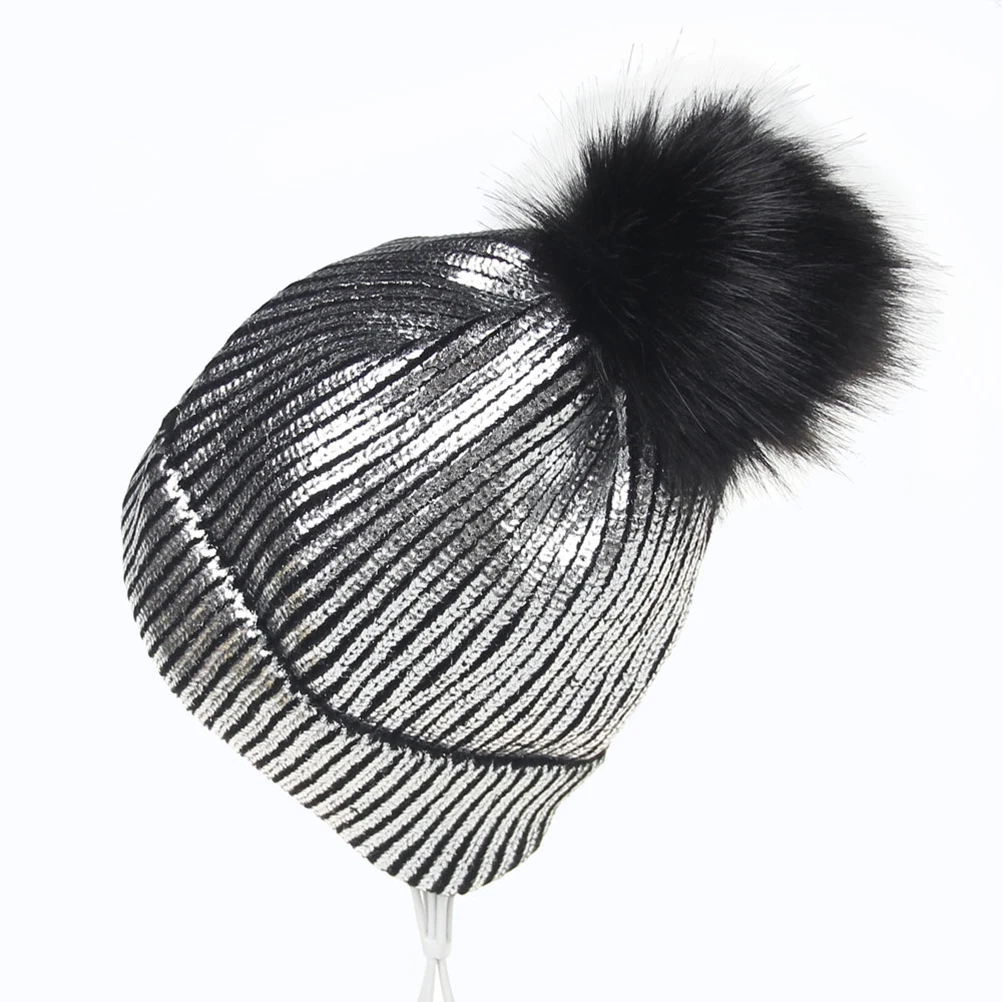 

Winter Fall Metallic Shiny Glitter Beanie Hat For Women Pom Pom Skull Fashion Chic Warm Knitting Cap Gift Golden