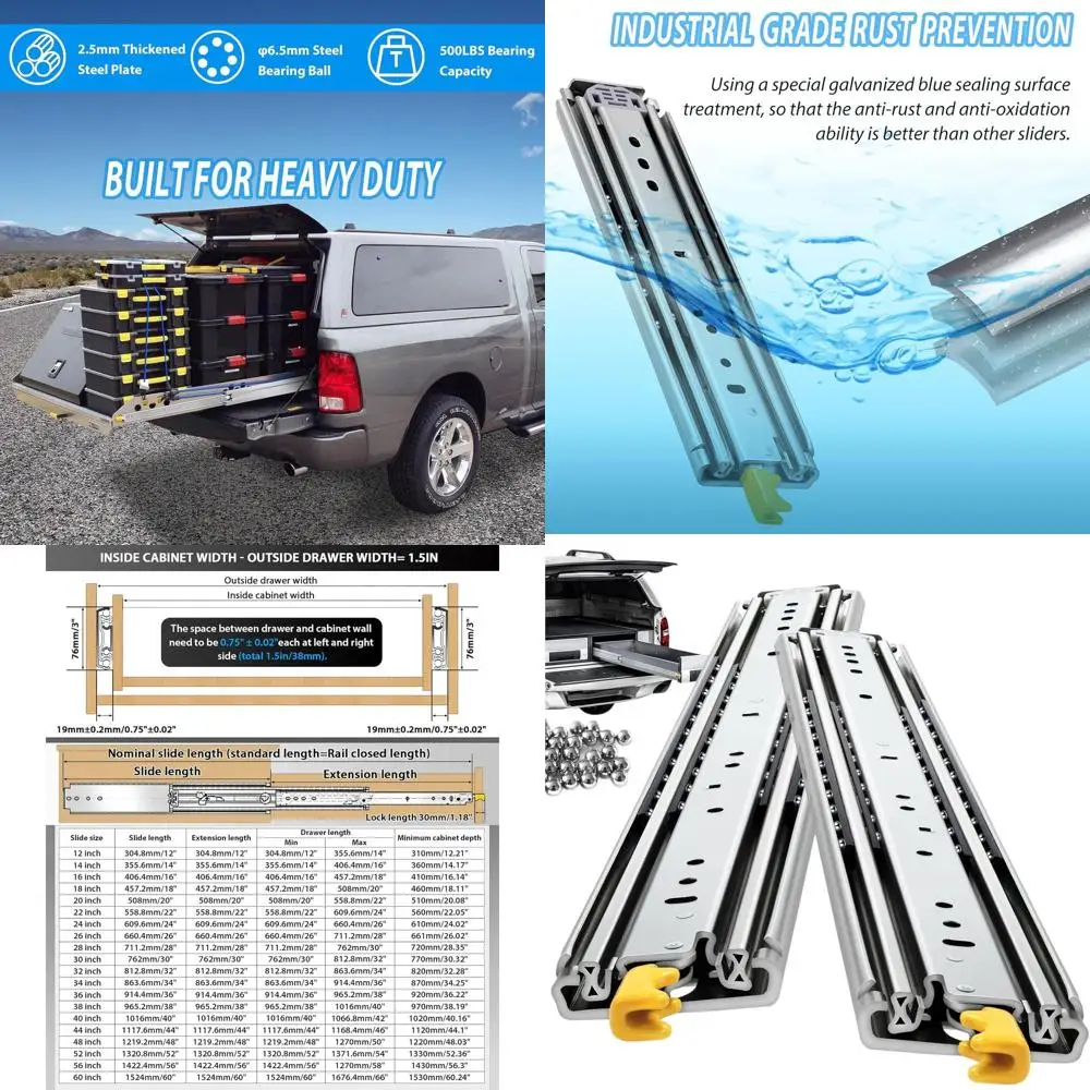 

Усиленные направляющие для инструментальных ящиков, 12-60 дюймов, грузоподъемность 500 фунтов, боковое крепление, шариковые направляющие