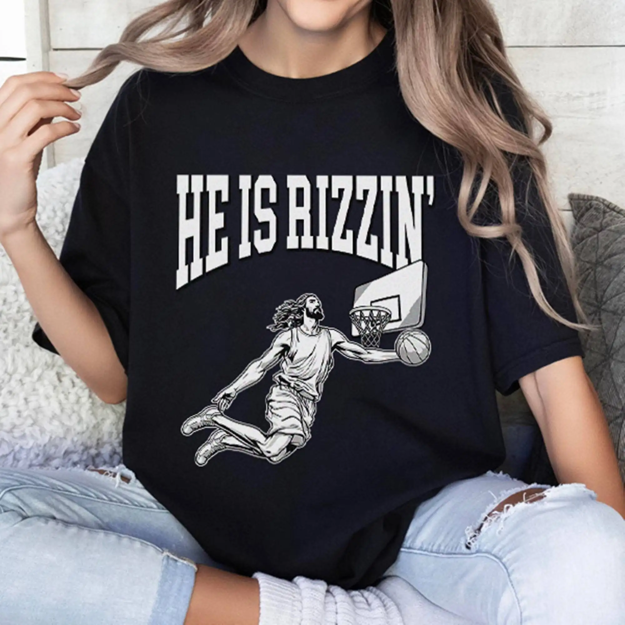 Vintage Jesus Has Rizzen T Shirt Christian SweaT Easter Basketball Playing Religious