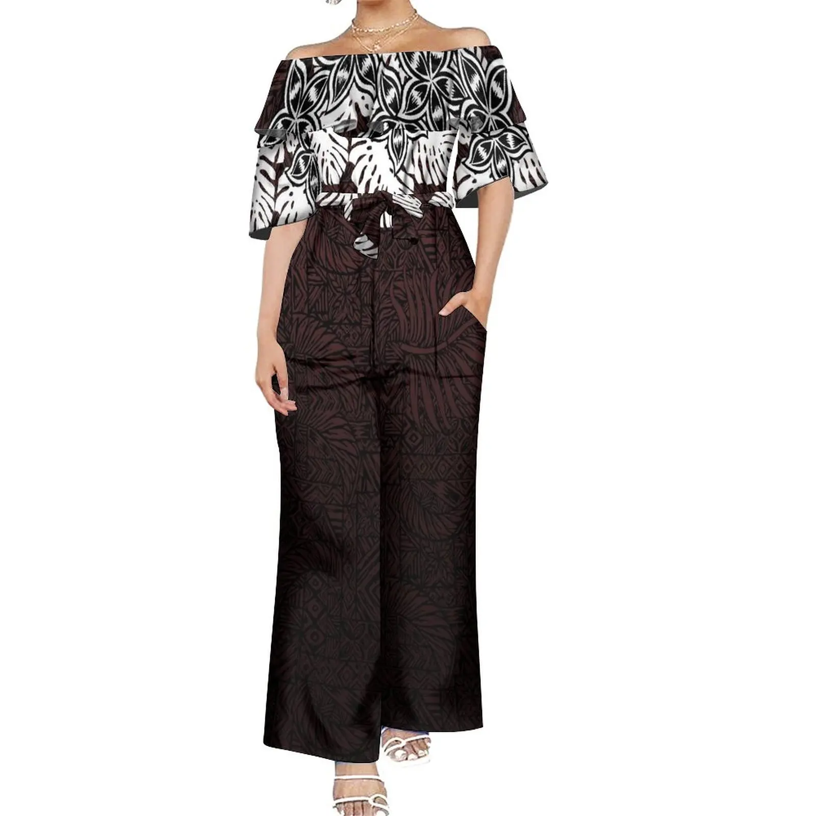 Summer Rompers Women Ethnic Print Custom Rompers Casual Long Trousers Polynesian Women's One-Shoulder Temperament Rompers