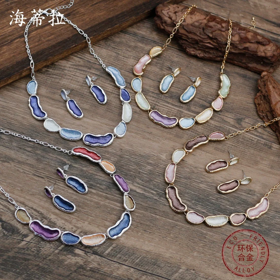 Jewelry DIY accessories new enamel color geometric petal stud earrings necklace set women's fashion versatile flower stud earrin