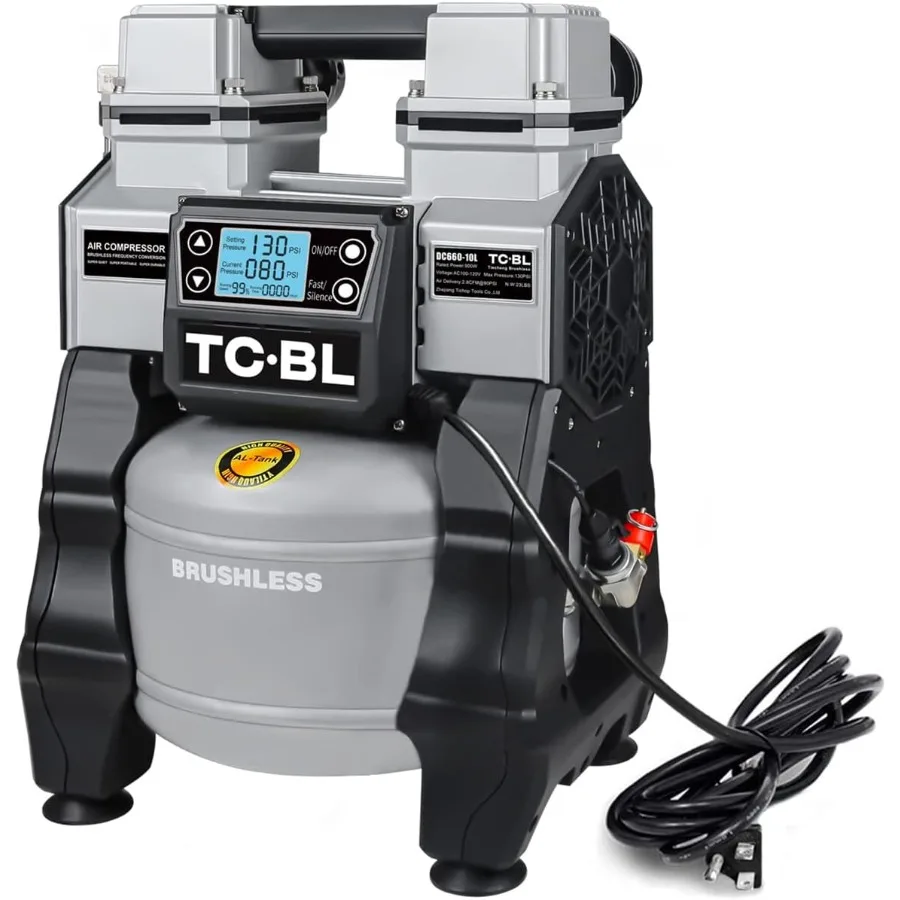 ضاغط هواء 1.3 حصان خالي من الزيت للاستخدام المنزلي والورش: عملية فائقة الهدوء وتصميم خفيف الوزن مع خزان ألومنيوم سعة 2.6 جالون