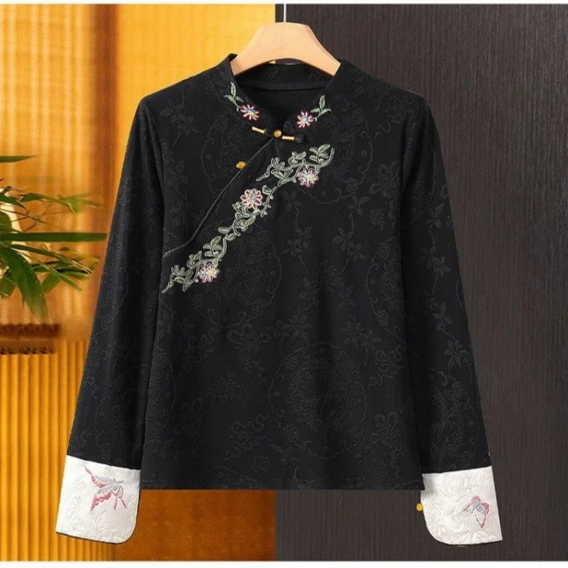 New Chinese Style Stand Collar Frog Button Jacket Retro Zen Long Sleeve Coat For Women