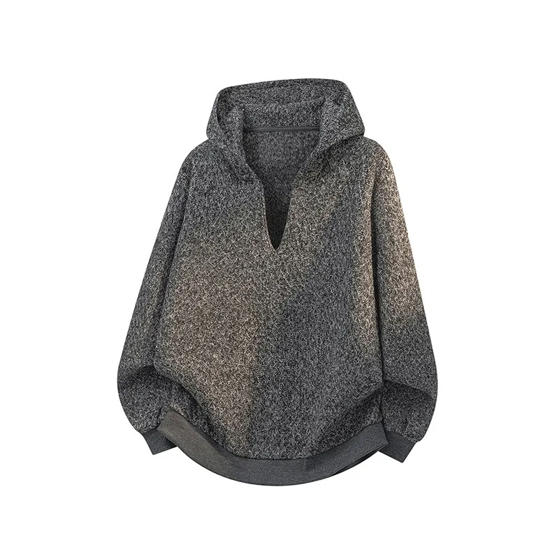 

Мужской оверсайз худи из меланжевой вязки с глубоким V-образным вырезом, изогнутым низом, повседневный пуловер с длинными рукавами, топ в уличном стиле