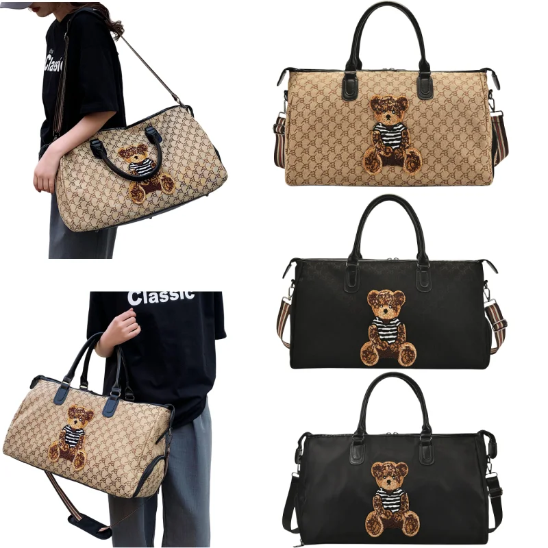 Embroidered Bear Gym Bag Large Capacity Travel Handbag with Wet Area and Shoe Compartments Women Fashion Workout Crossbody Bag