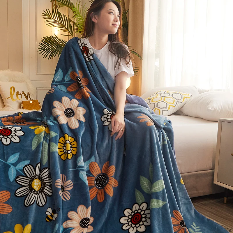 Flower Blanket for Sofa Reactive Printed Thin Blanket for Beds Single/Queen/King Coral Fleece Flannel Blanket Soft Warm Plaids