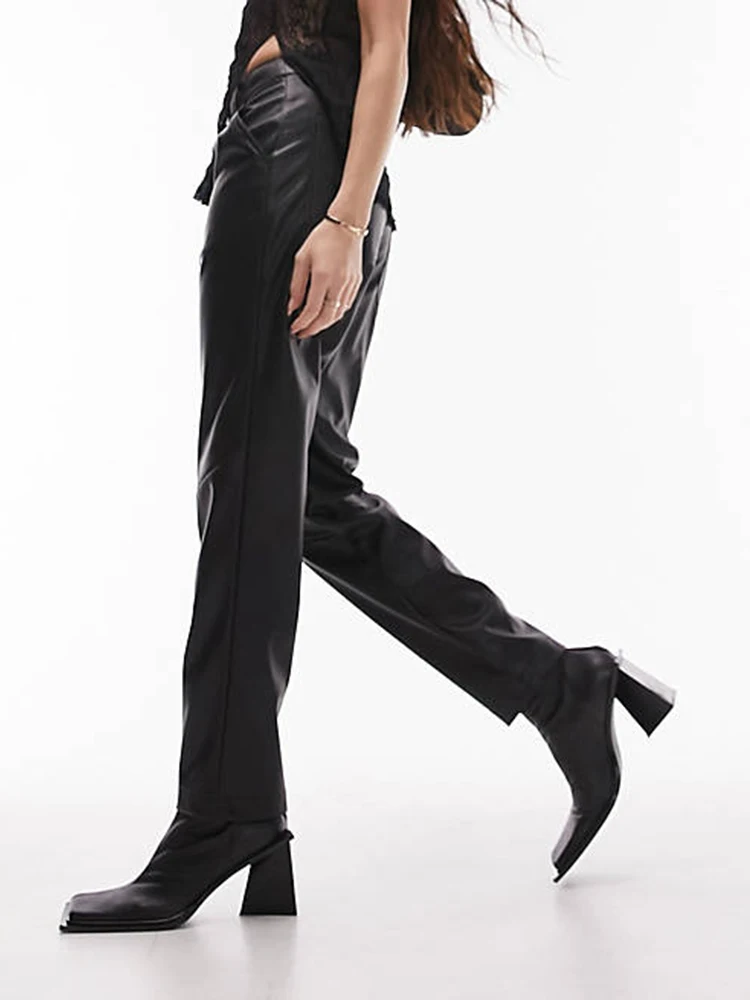 Women High Waist Vintage Matte Faux Leather Cropped Pants PU Pencil Pants With Pocket Ladies Stretach Loose Trousers Custom