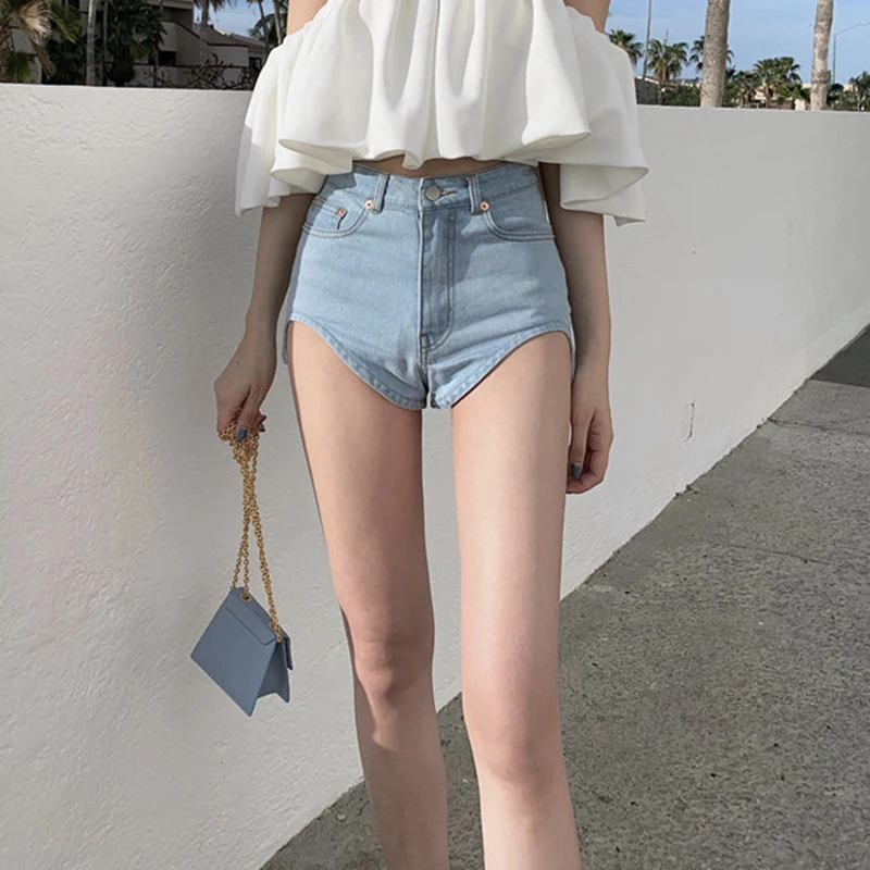 

New Light Colored Denim Shorts For Women's Summer Slim Fit Solid Color Washed High Waist A-line Ultra Short Hot Pants