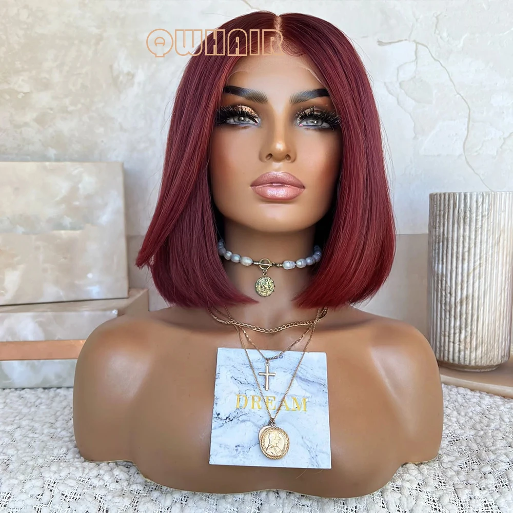 

QW Synthetic Hair Short Bob Straight Burgundy Red Soft Lace Front Wig For Women Hair Heat Resistant Fiber Cosplay Daily
