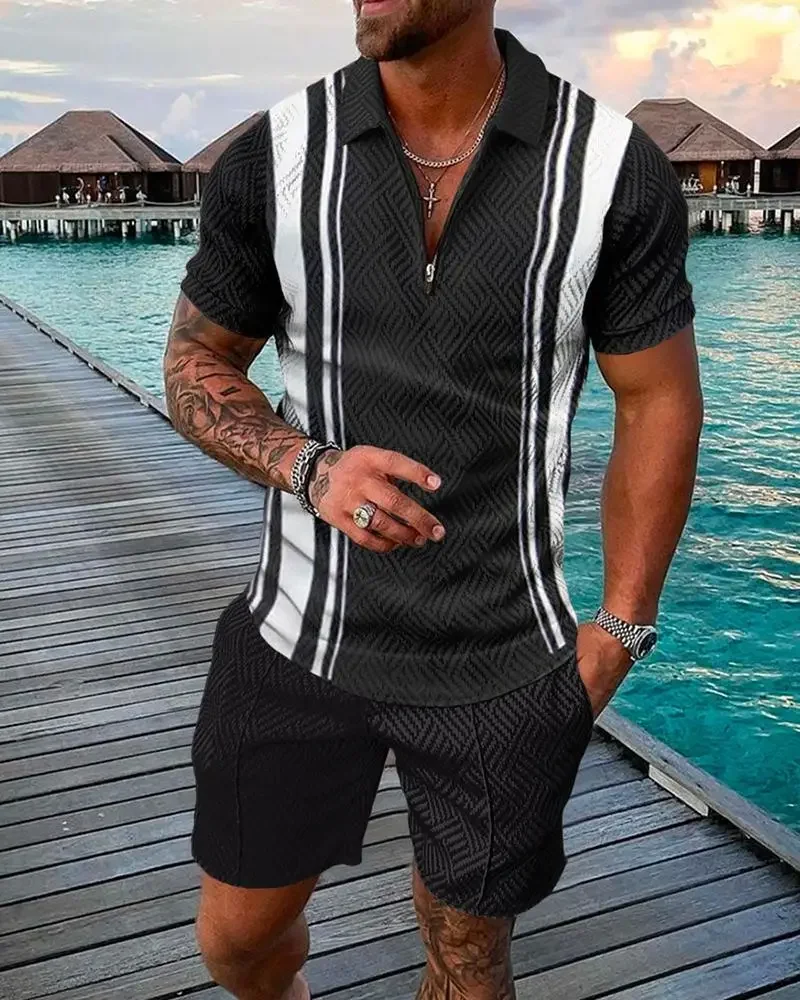 Mann Kleidung Streetwear Sommer Trend Plaid Streifen Druck Männer der Trainingsanzug Casual Zipper Kragen Polo-Shirt Und Shorts 2 stücke Sets