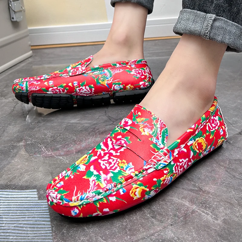 Men Red Floral Print Loafers Penny Slip On Driving Shoes Casual Business Moccasins Unique Male Footwear Business Office Shoes