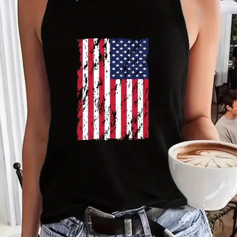 

Black Sleeveless Loose Pullover Urban Casual Coconut Tree Digital Print Women's Vest