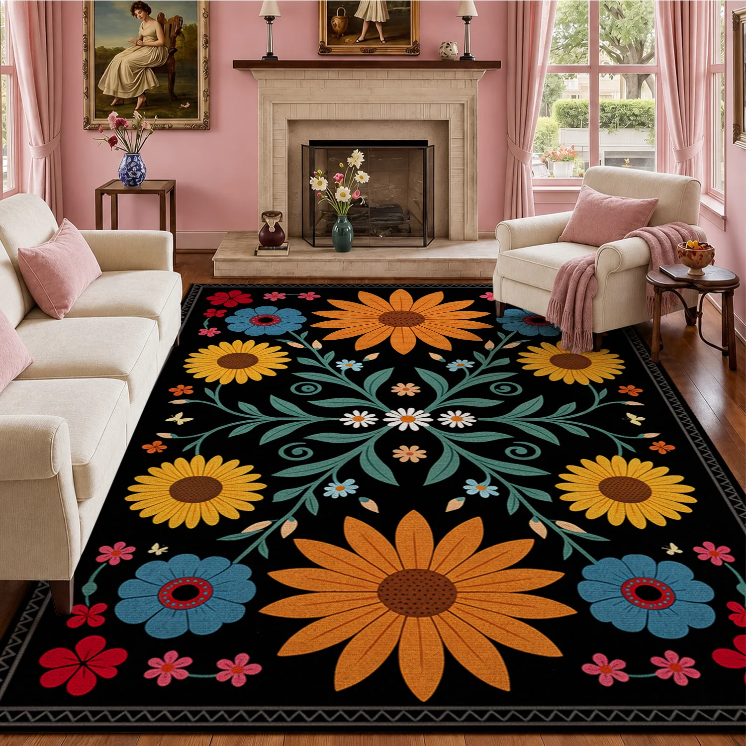 Vibrant Sunflower Wildflower Floral Pattern Area Rug Soft Velvet Machine Washable, Suitable for Living Room Bedroom Entryway Dining Space, Ideal for Halloween Thanksgiving Christmas New Year Black Friday Home Decor