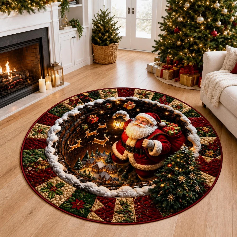 3D Christmas Hole Carpet Santa Holding Gift Box Pattern Quilt Style Border Large Circular Area Mat Festive Floor mat 2D print