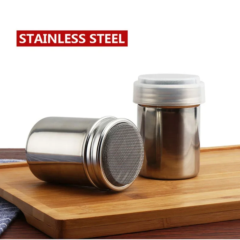 2 Types Size Stainless Steel Coffee Chocolate Shaker Cocoa Coffee Powdered Sugar Flour Sieve Shaker With Lid spice jar images - 6