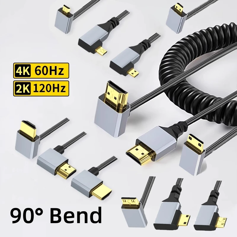 4K UHD Spring Coiled HDMI-compatible Cable with Angled Mini/Micro HDMI-compatible Ports for Camera DV PS5 Xbox Monitor