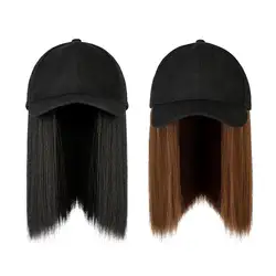 Beanies Hat With Hair Wigs For Women 35cm Long Straight Hair Synthetic Wig Warm Soft Ski Knitted Autumn Winter Cap