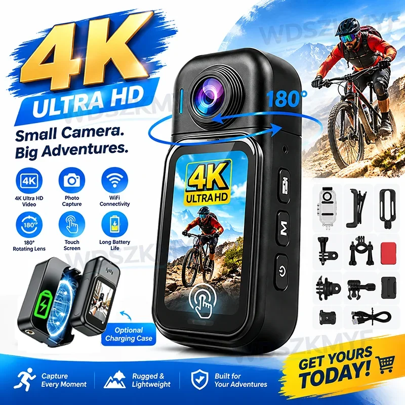 Mini POV Action 4K UHD Camera Wearable Body Video Recorder WiFi Waterproof Portable Vlog Camera for Skiing Snowboarding Climbing
