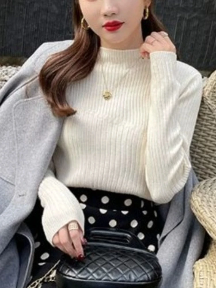 Vintage Basic ถักเกาหลีผู้หญิงฤดูใบไม้ร่วงฤดูหนาวเสื้อกันหนาว Casual Slim เสื้อกันหนาว Simple Chic Pullovers